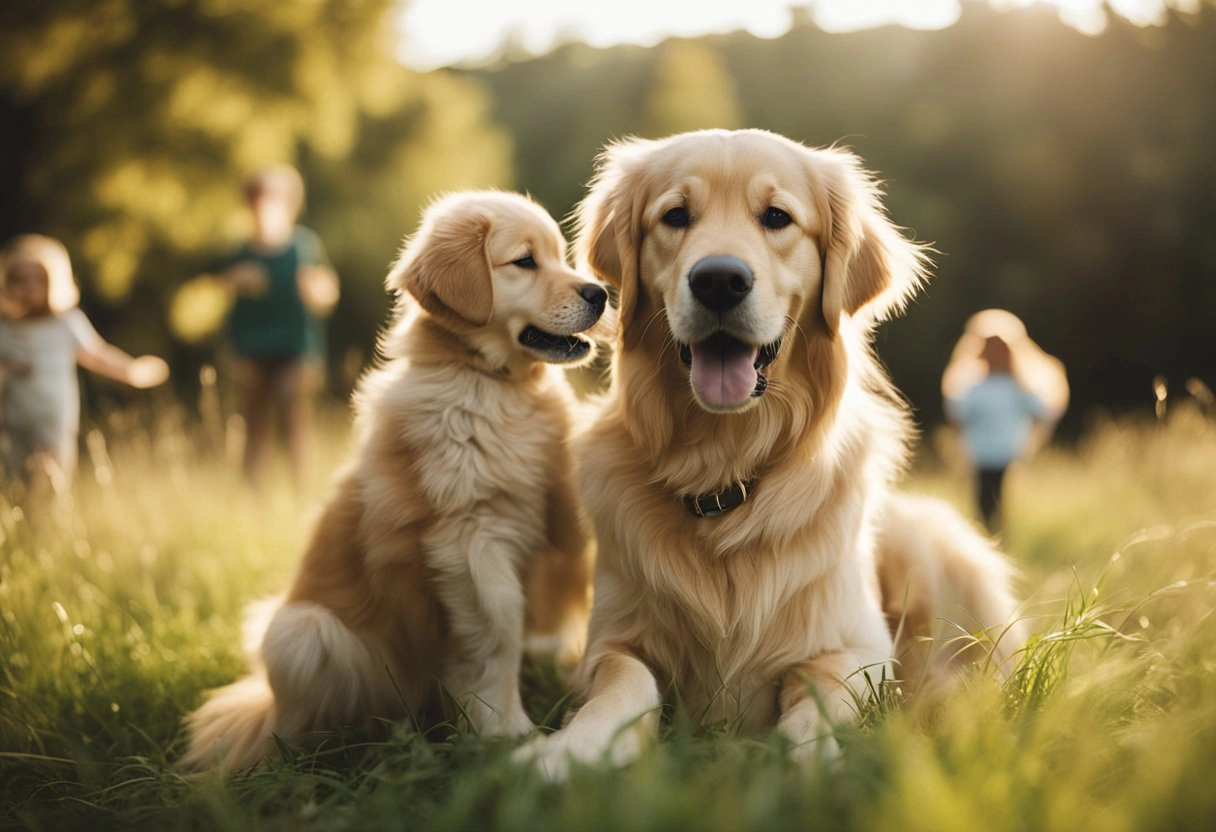 adult golden retriever and puppy