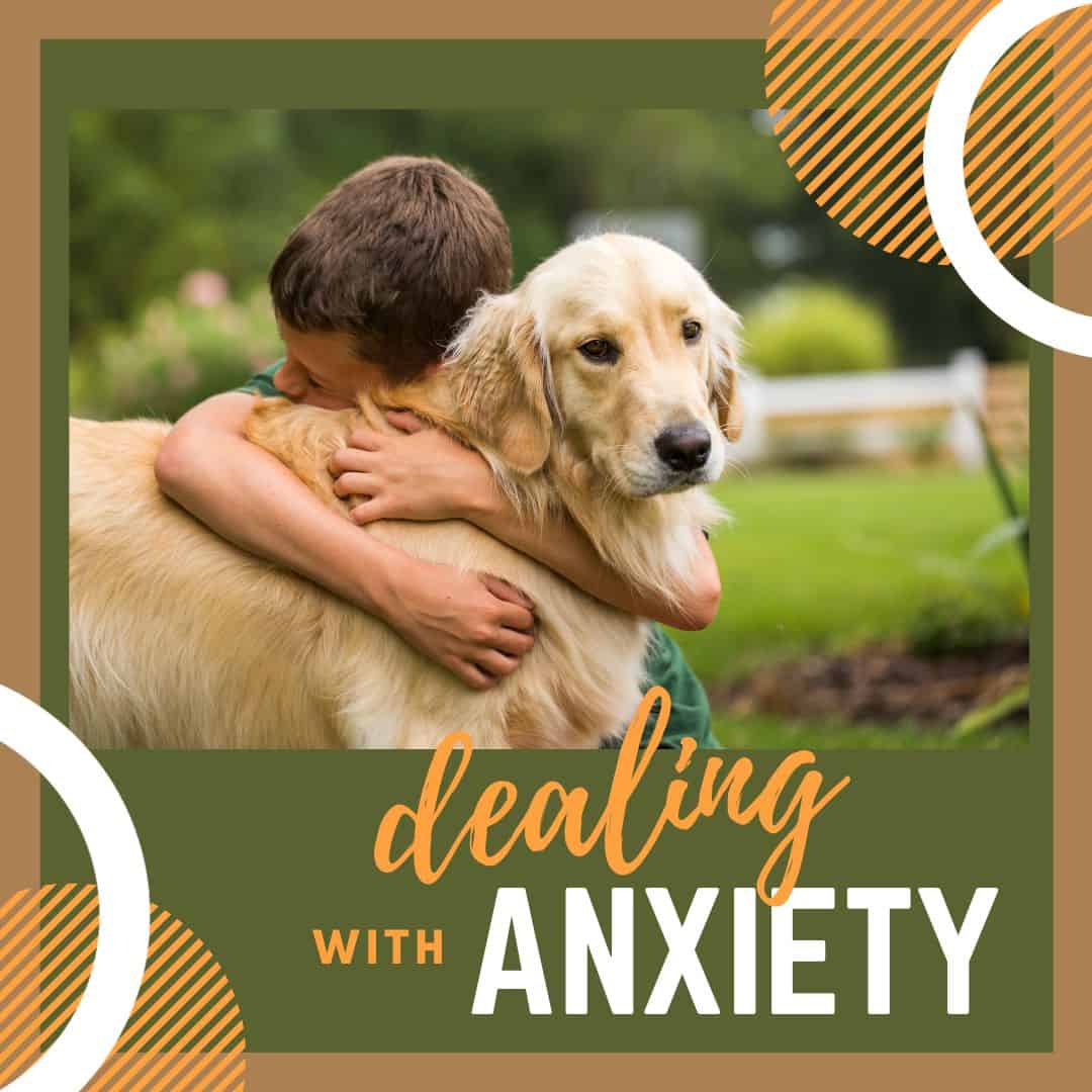 boy hugging golden retriever with anxiety
