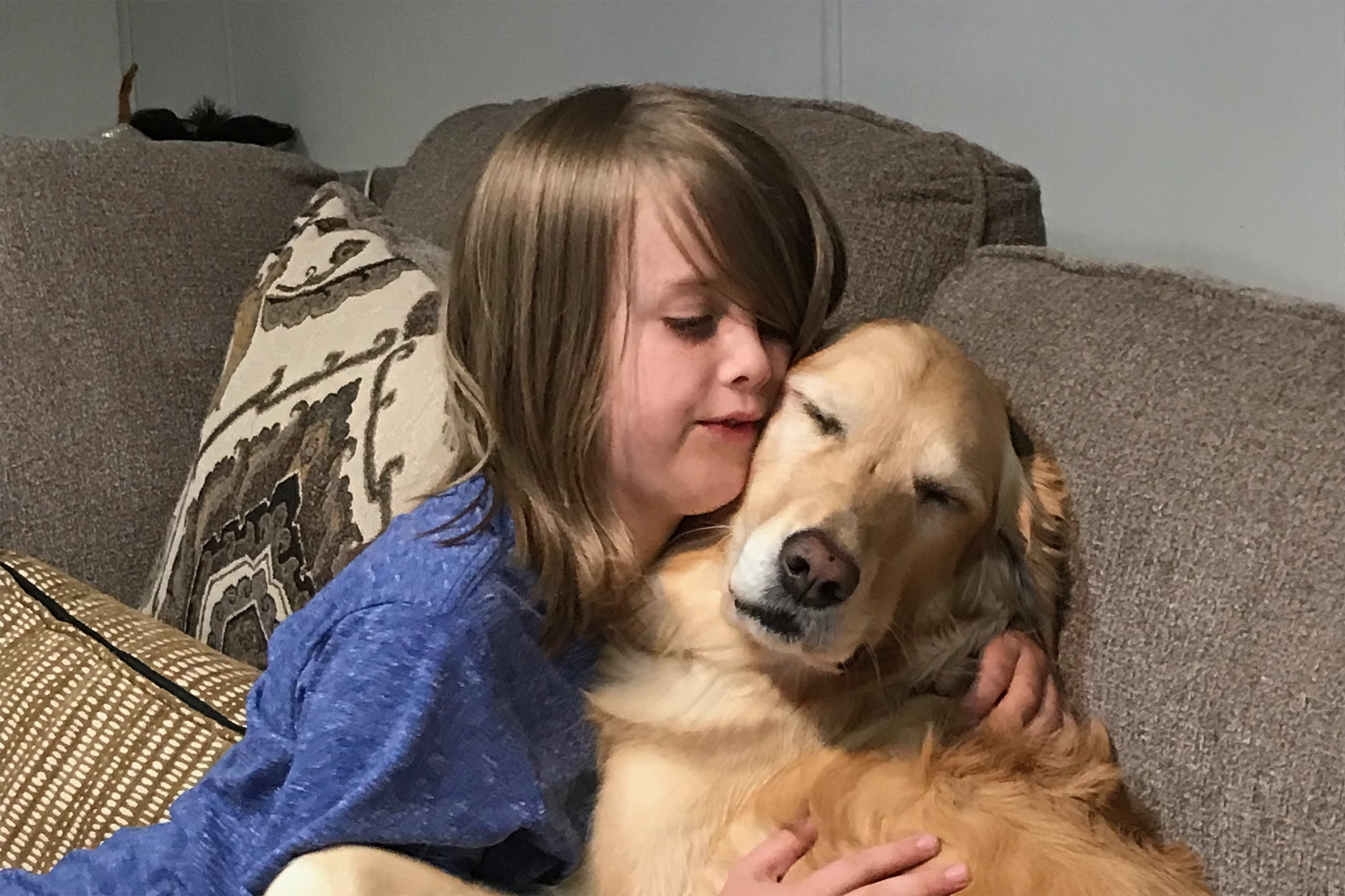 golden retriever getting a hug from a child