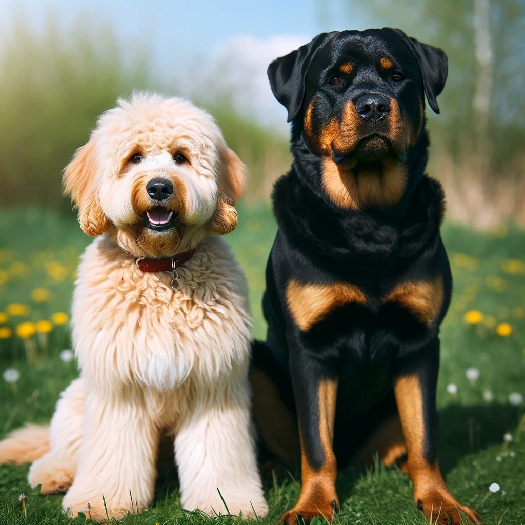 goldendoodle and rottweiler sitting together