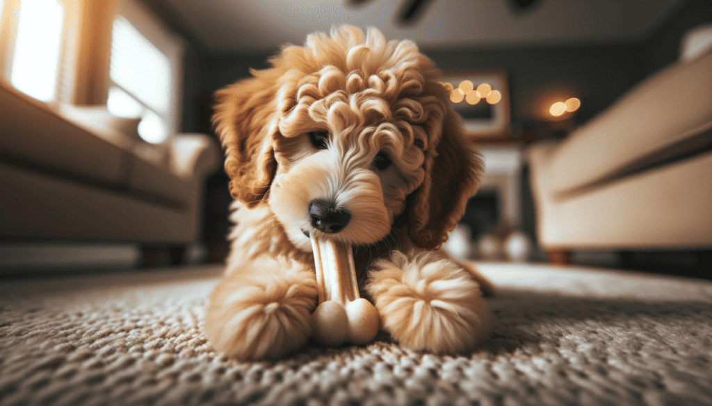 goldendoodle puppy chewing on bone
