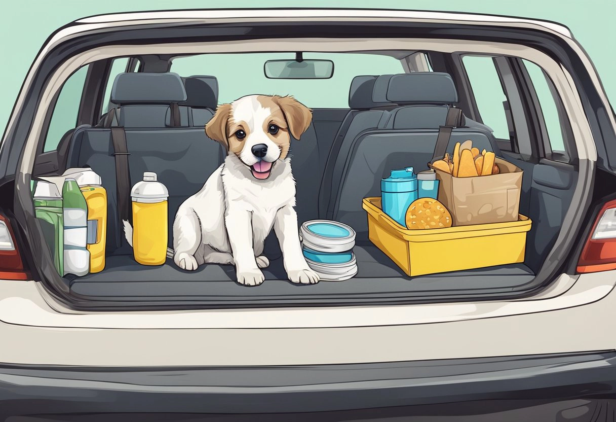 puppy in car with supplies