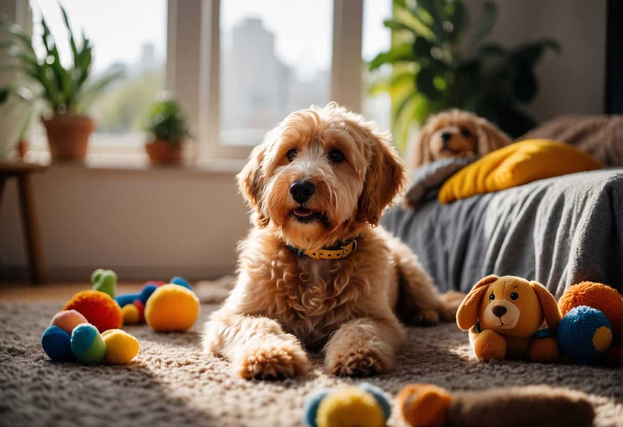 cute goldendoodle with toys