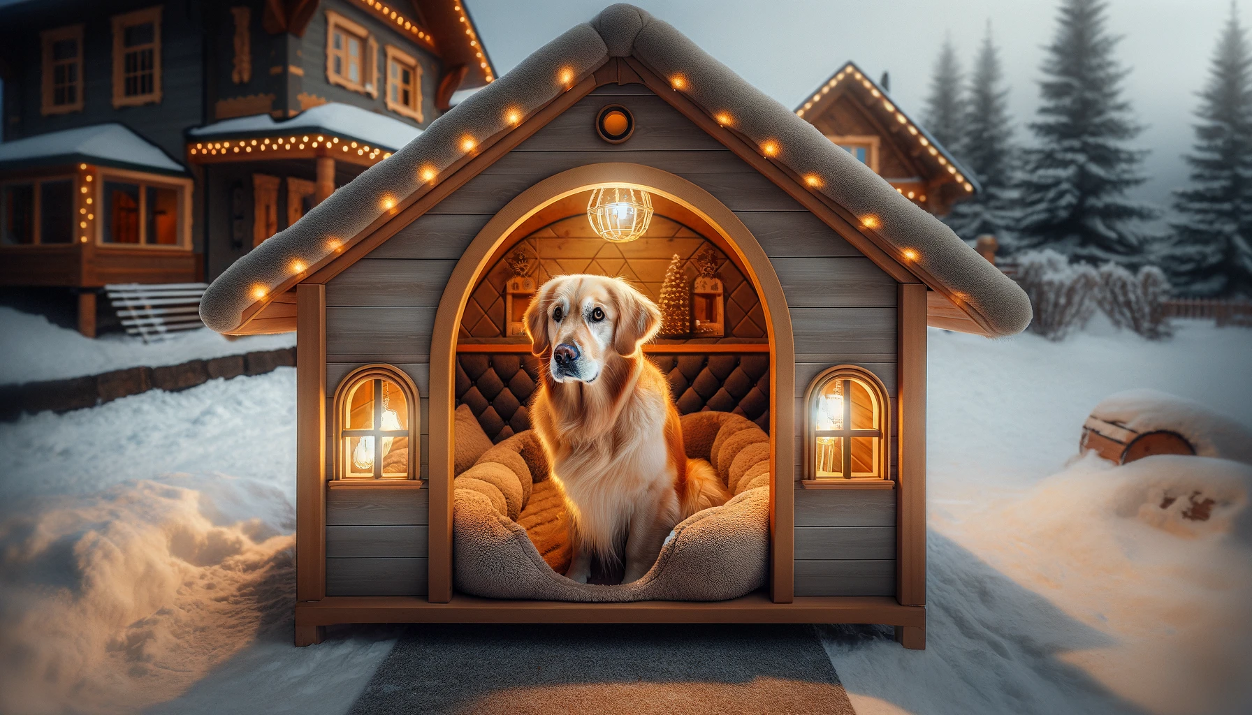 golden retriever in fancy dog house