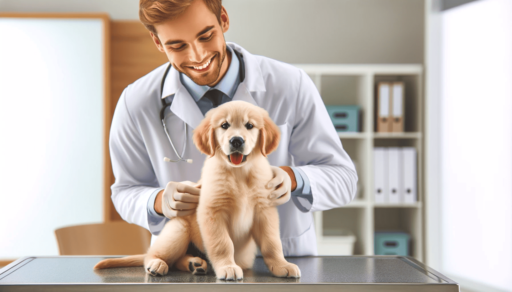 golden retriever puppy at vet