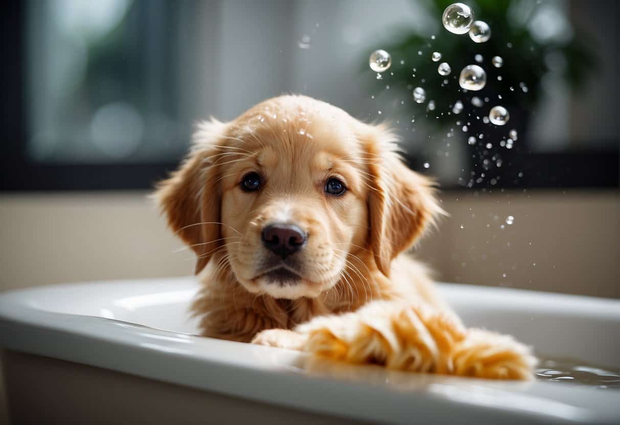 golden retriever puppy taking bath