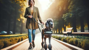 woman walking with poodle service dog