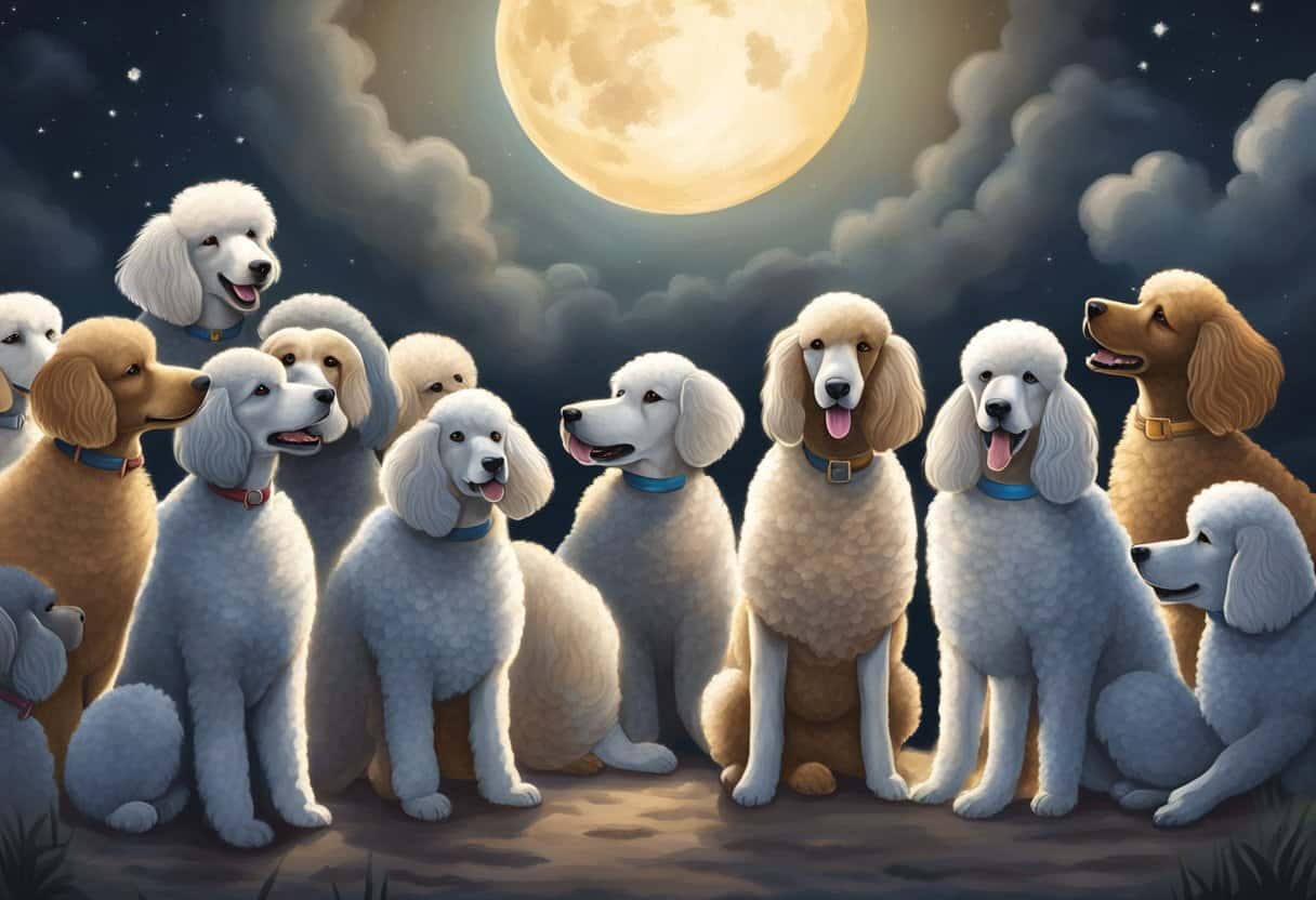 group of poodles gathered at night