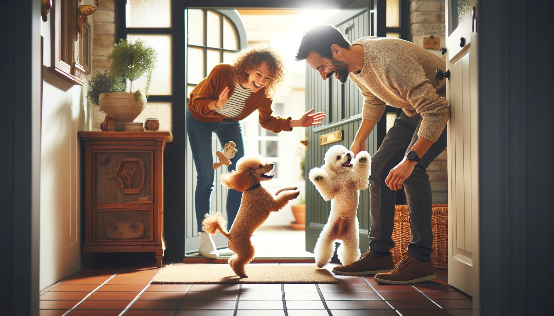 two poodles greeting couple at door