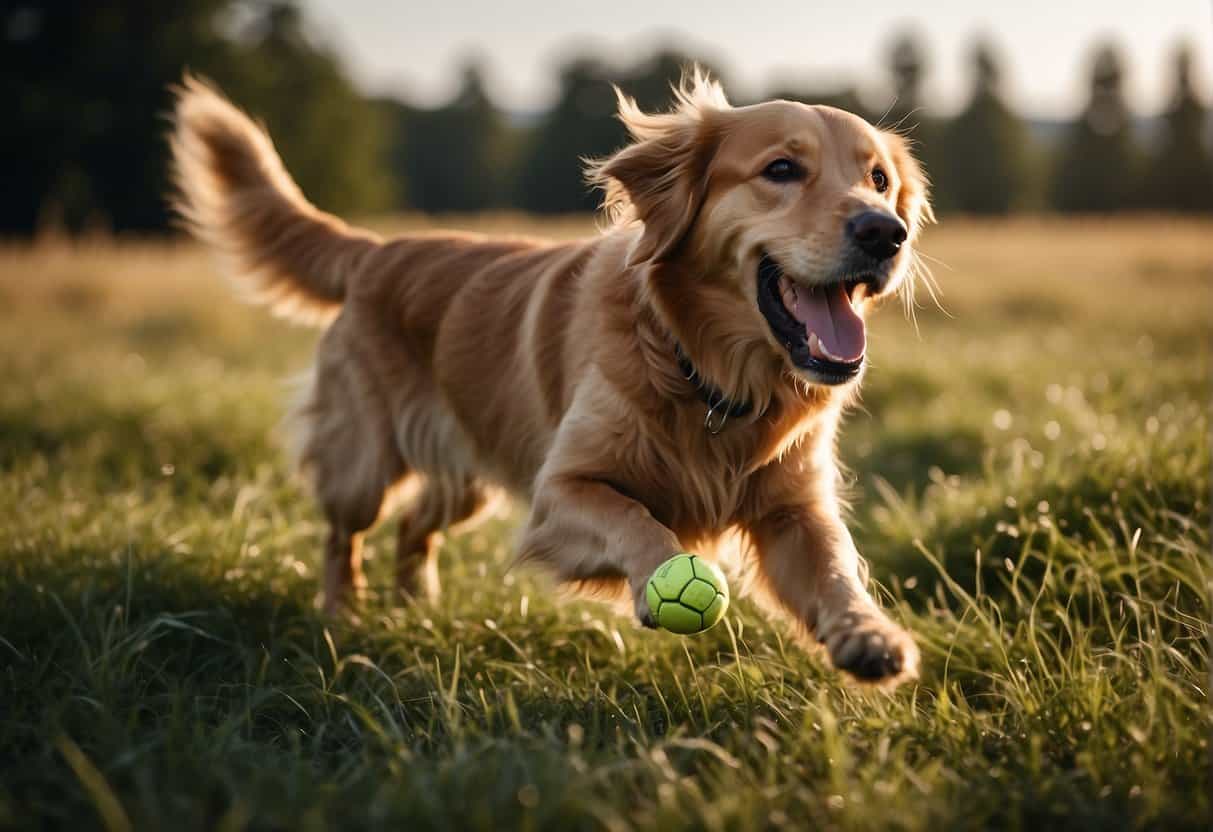 A golden retriever eagerly fetching a ball in a grassy field, tail wagging and tongue lolling in excitement