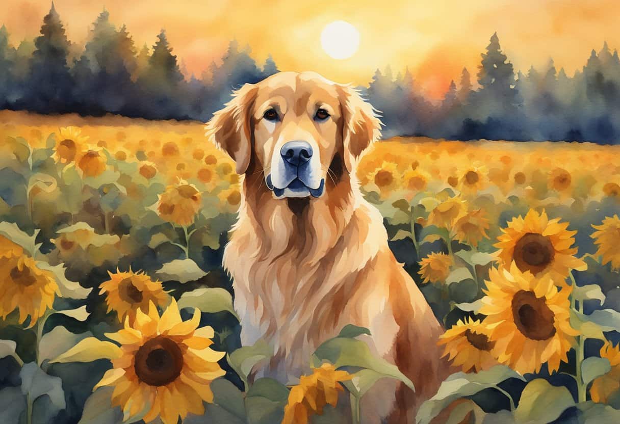 golden retriever sitting in sunflowers
