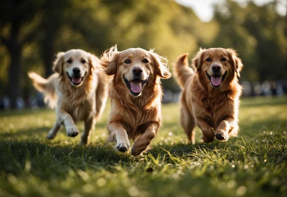 golden retrievers running in park