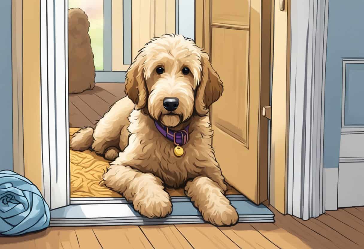 goldendoodle laying down at a door