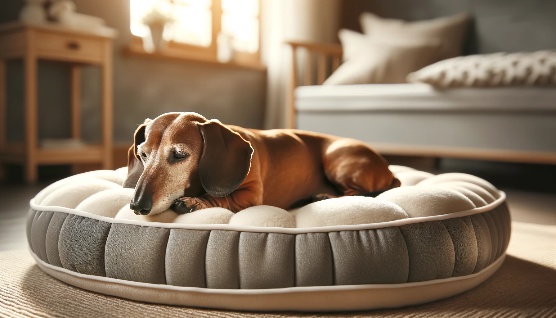 older dachshund in dog bed