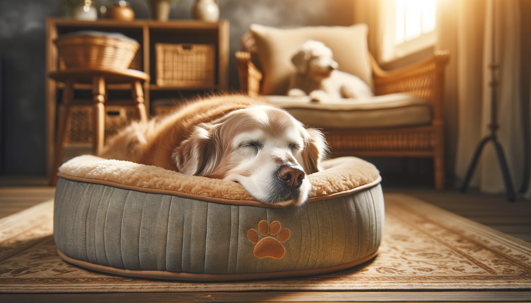 older golden retriever in dog bed