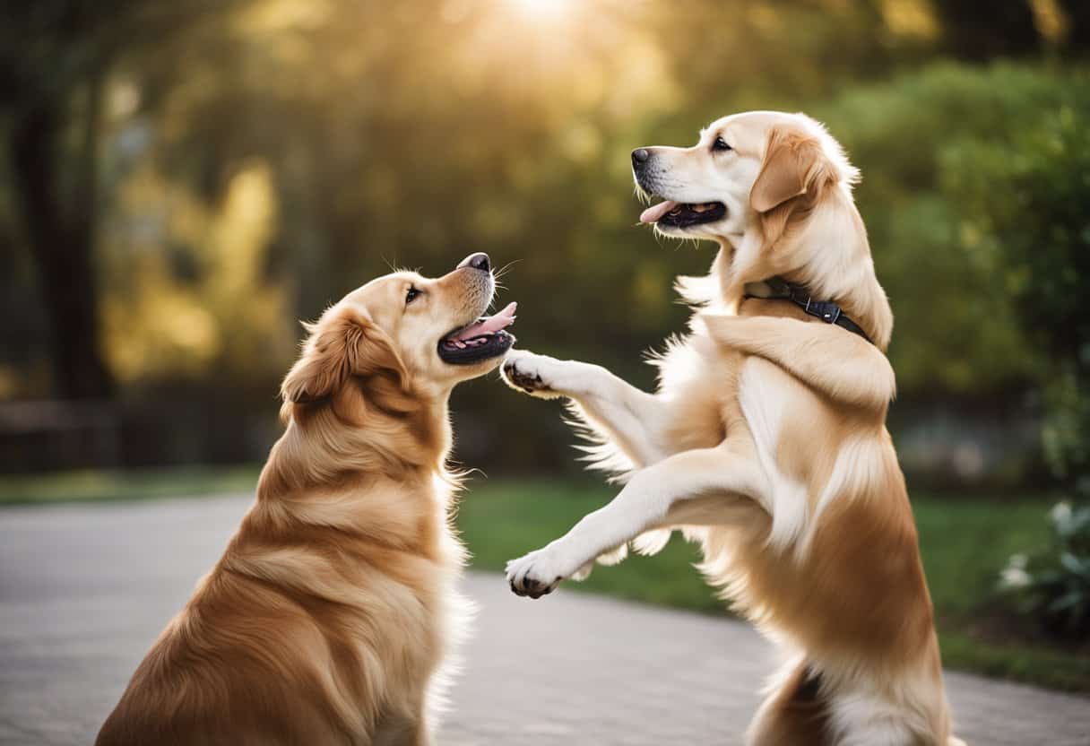 male and female golden retrievers playing