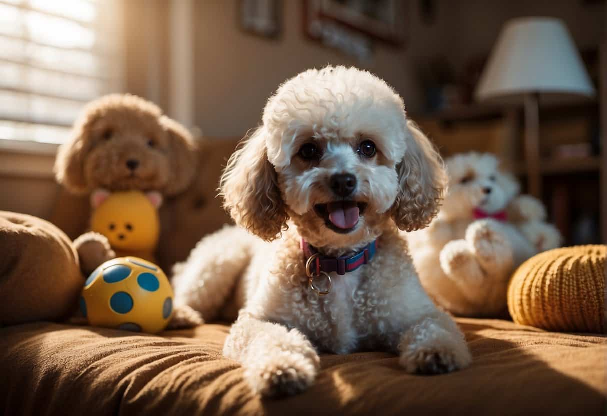 A poodle lying in a cozy, sunlit corner, surrounded by toys and a comfortable bed, with a full food and water bowl nearby