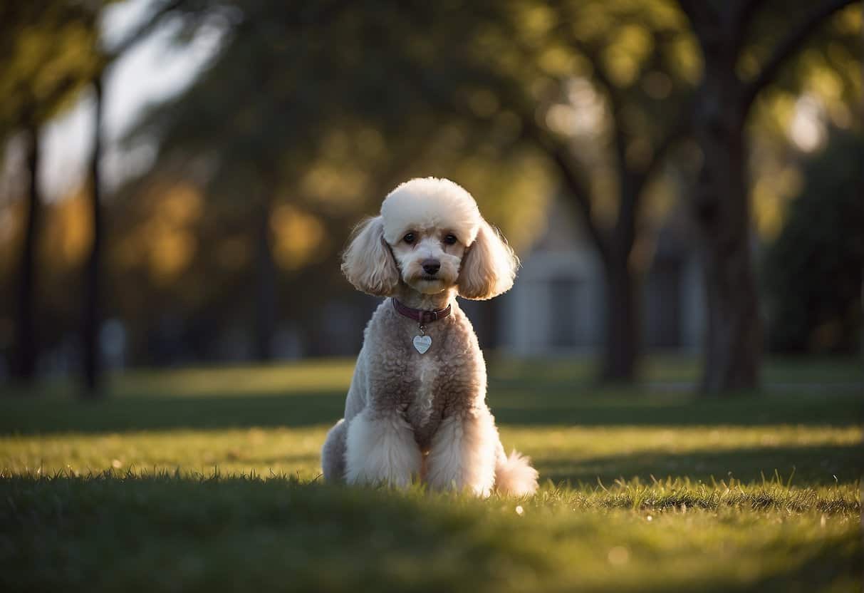 A poodle sits peacefully, ears perked, tail relaxed. Its body language exudes calmness, with a gentle gaze and steady breathing