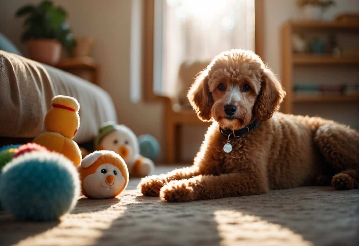Poodles relax in a cozy living room, toys scattered on the floor. Sunlight streams through the window, casting a warm glow on the contented dog