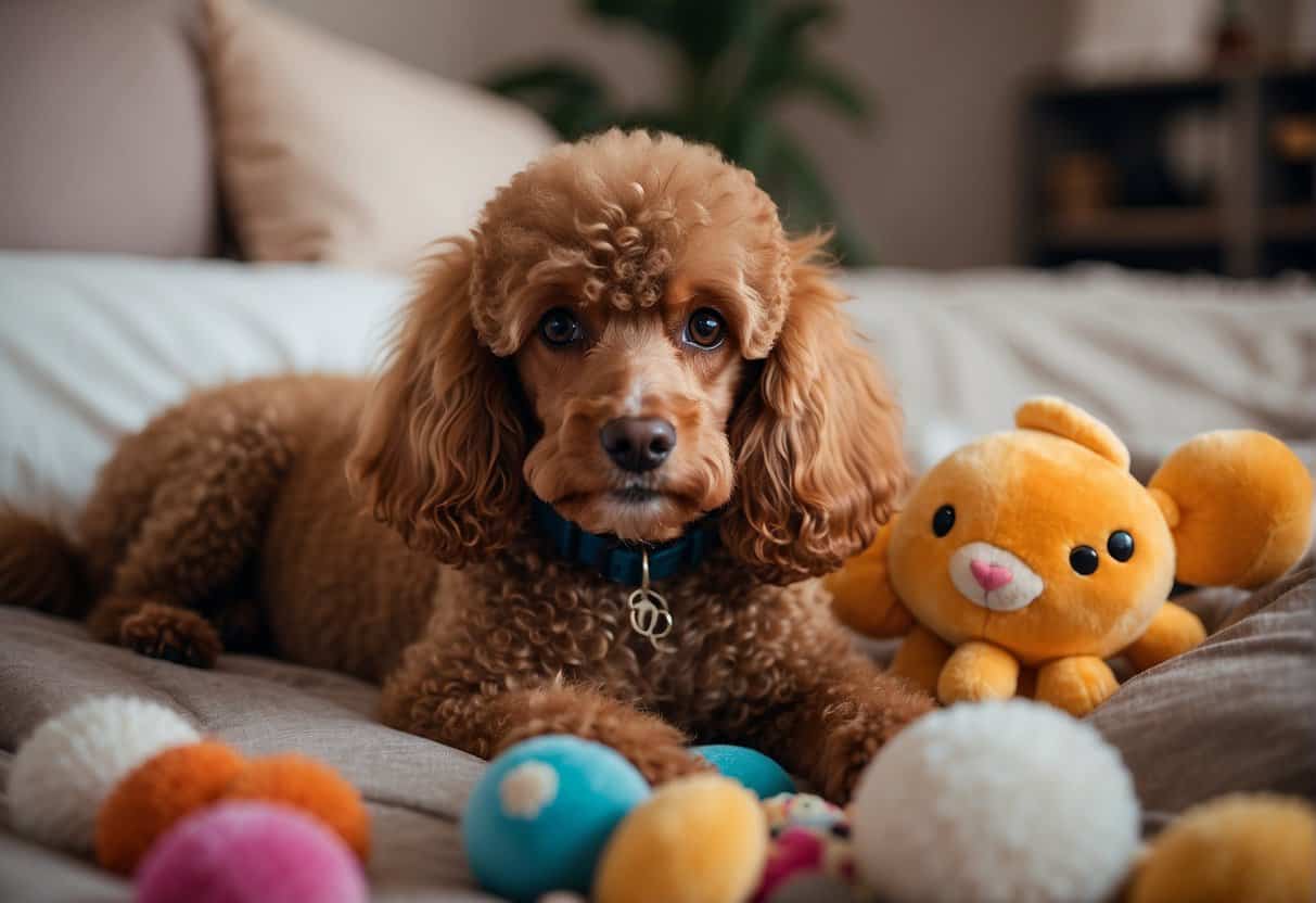 A poodle lying down, surrounded by toys and a cozy bed, with a calm expression and relaxed body language