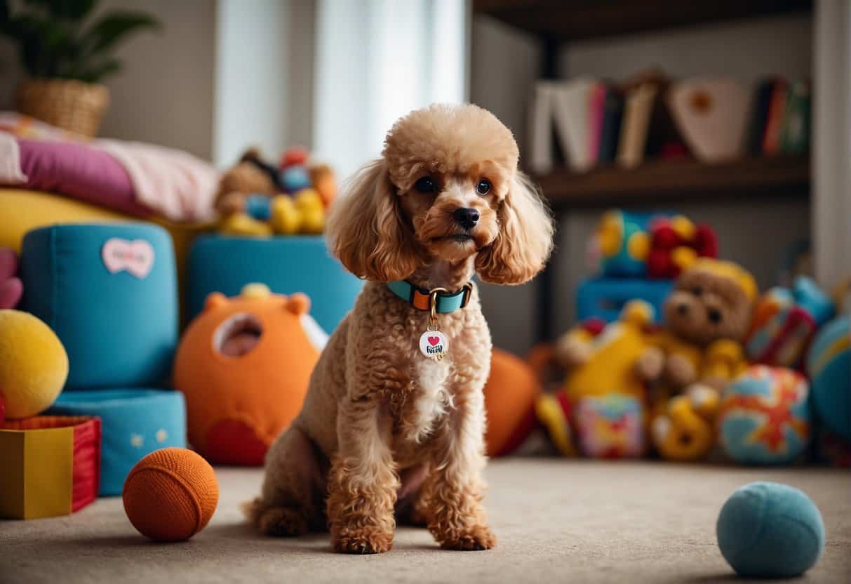 A poodle sits calmly, surrounded by toys and a comfortable bed. A person offers a treat as a reward for good behavior