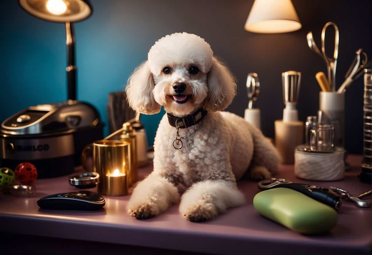 A poodle relaxes in a cozy grooming area, surrounded by grooming tools and toys. The room is filled with calming scents and soft lighting