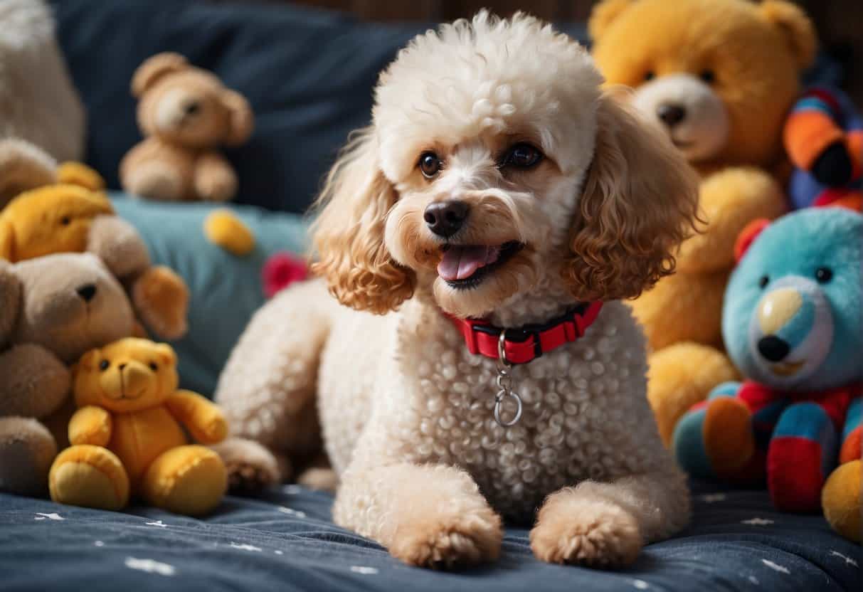 A Poodle sits on a soft blanket, surrounded by toys. Its tail wags gently as it looks up, relaxed and content
