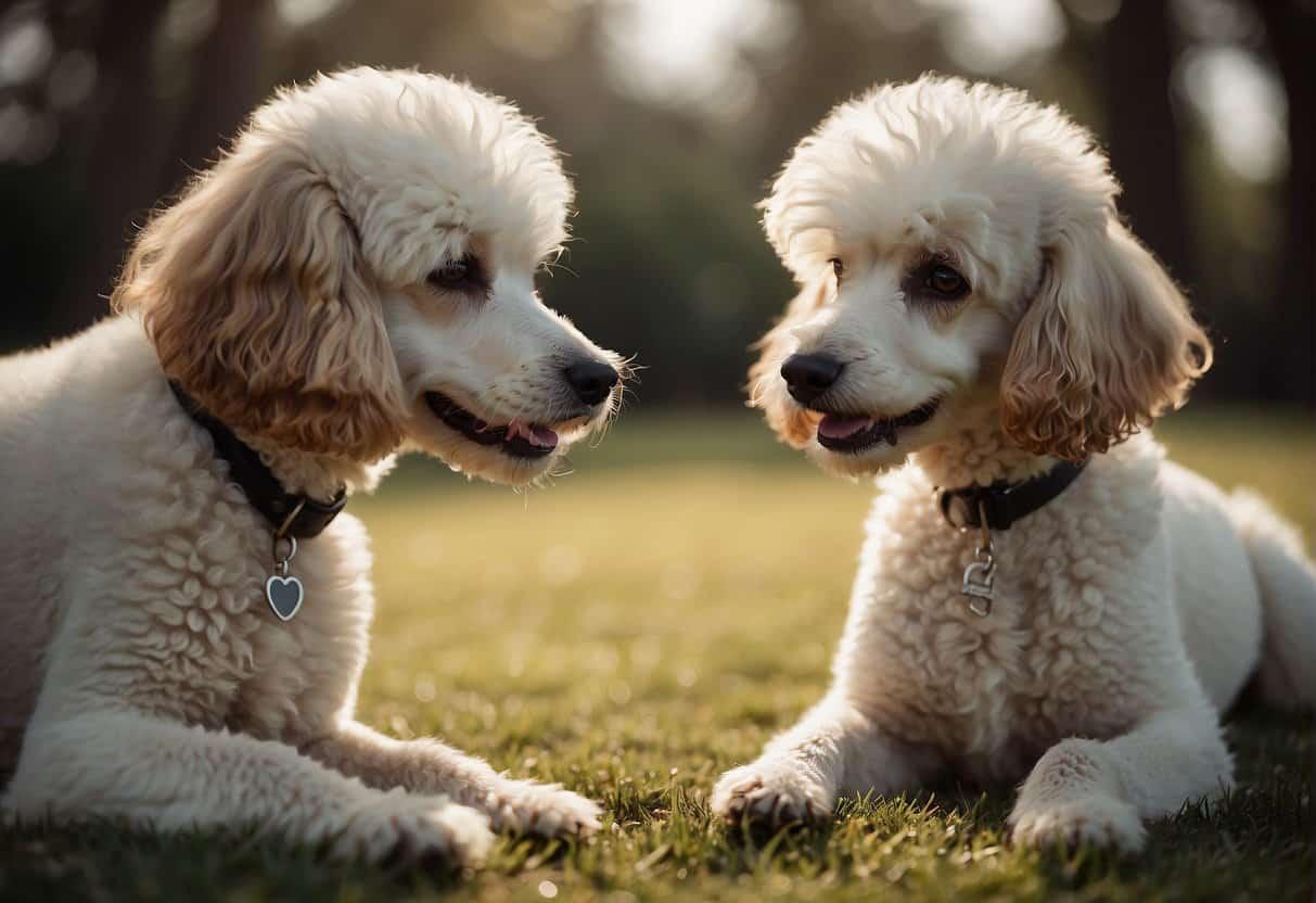 Poodles playing and interacting, then relaxing together