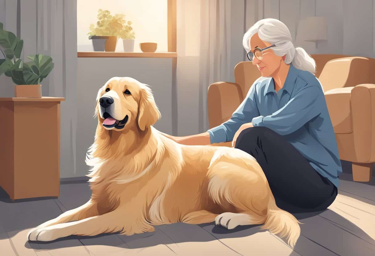 older woman caring for senior golden retriever