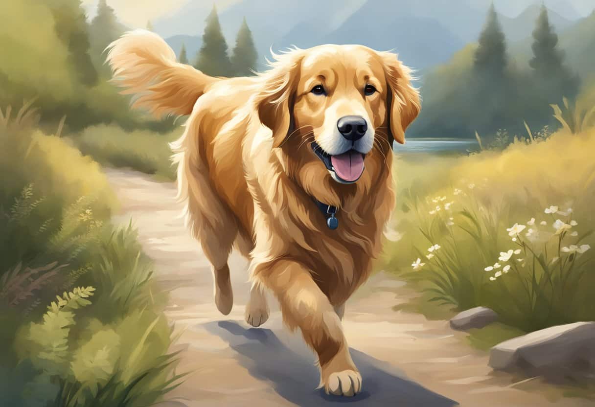 senior golden retriever on walk